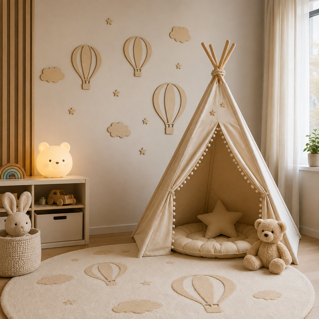 Lot de 13 décorations murales en bois Montgolfières, Nuages et Étoiles