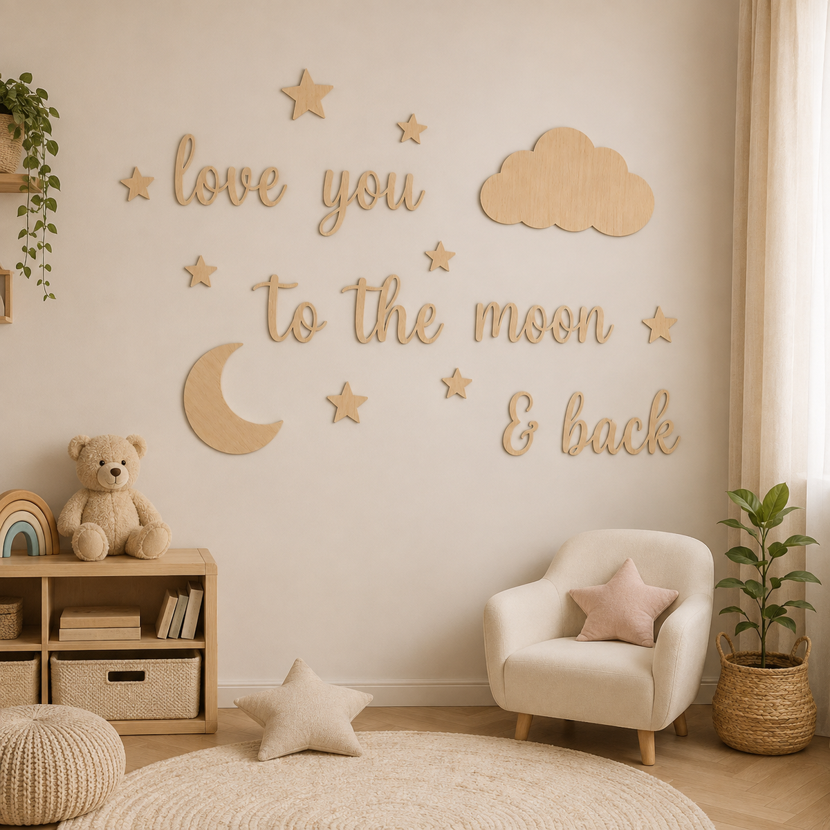 Sticker En Bois Lune Étoiles Et Nuage