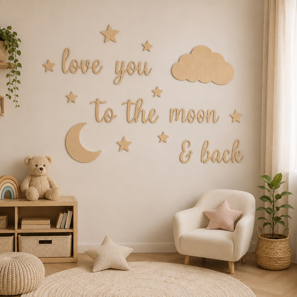 Sticker En Bois Lune Étoiles Et Nuage