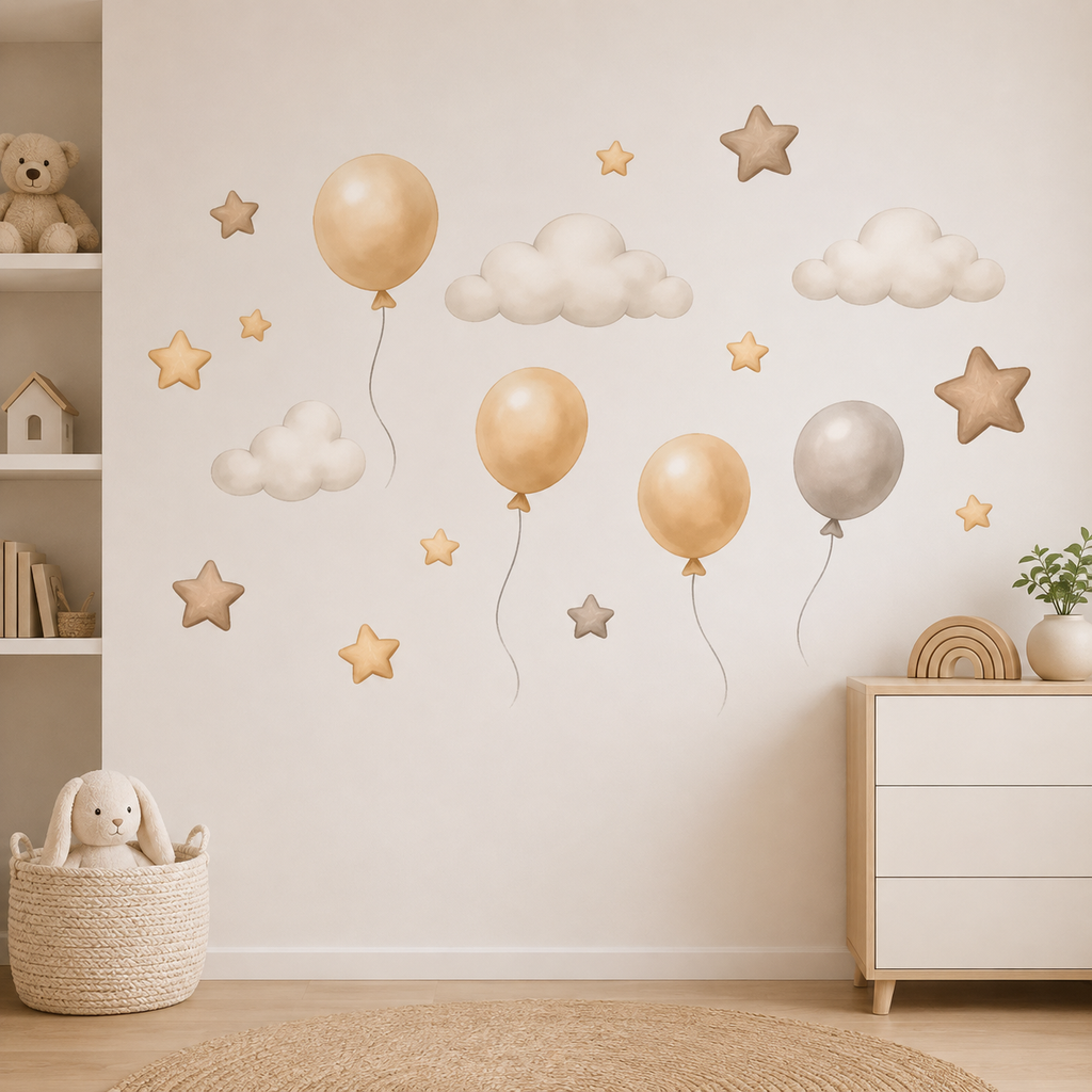 STICKER ENFANT PVC Ours Avec Ballons Nuages Et Étoiles
