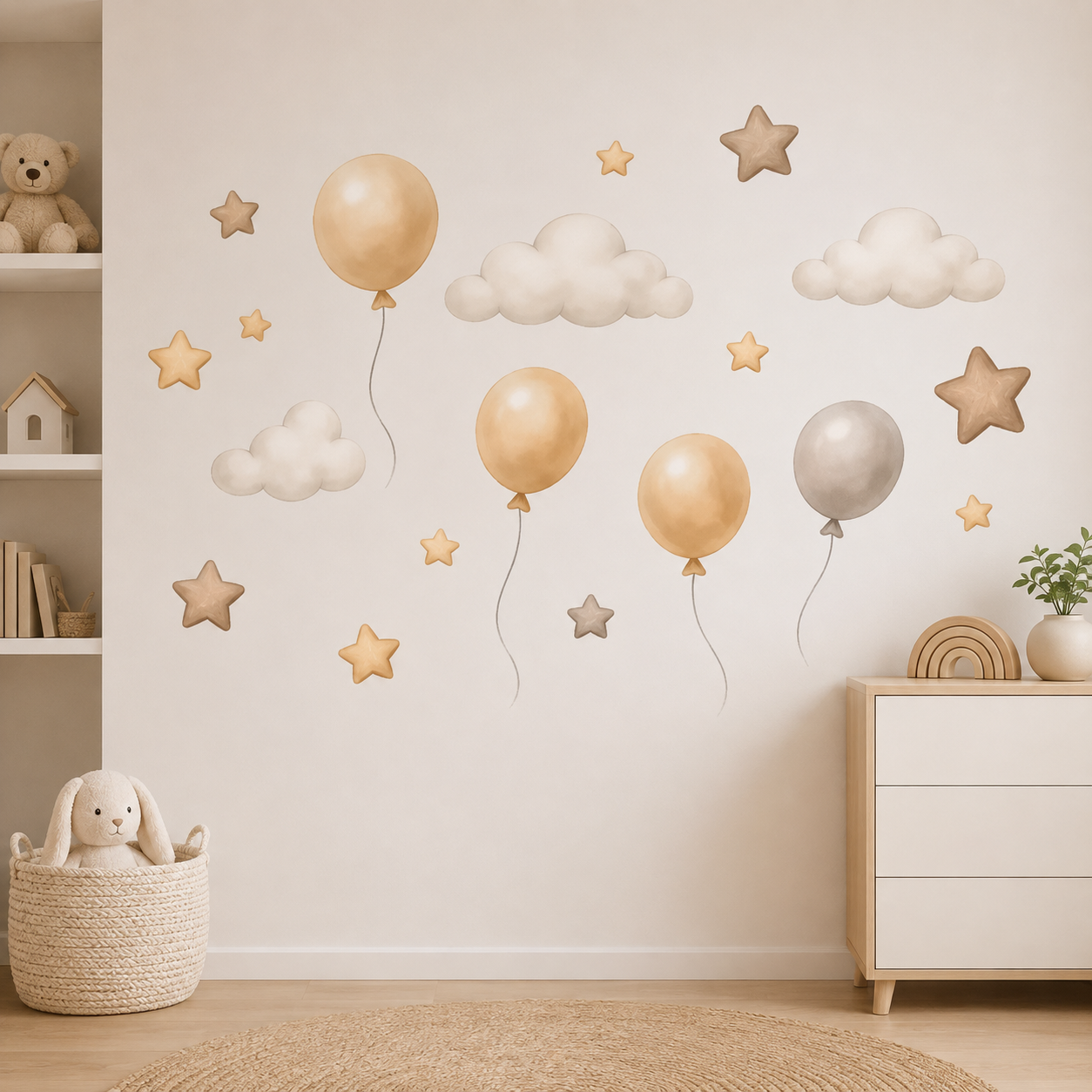 STICKER ENFANT PVC Ours Avec Ballons Nuages Et Étoiles
