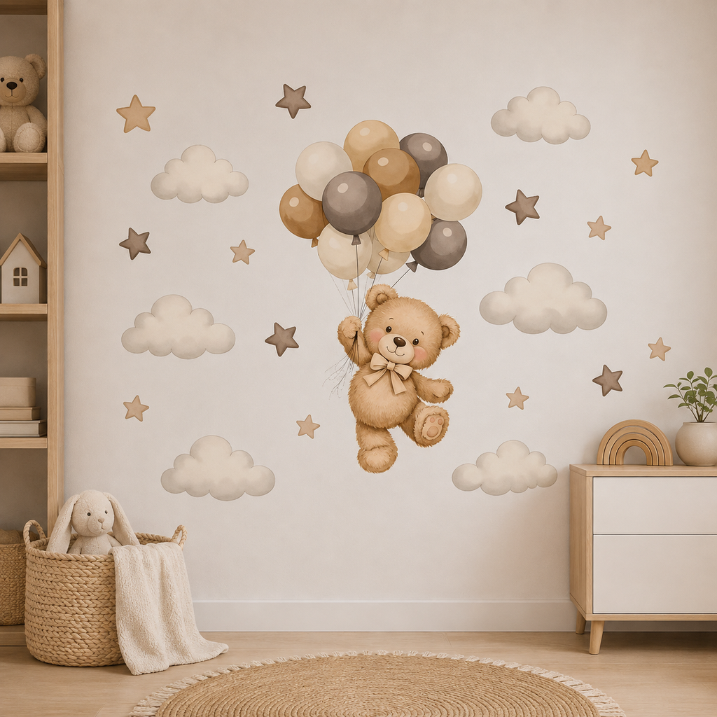 STICKER ENFANT PVC Ours Avec Ballons Nuages Et Étoiles