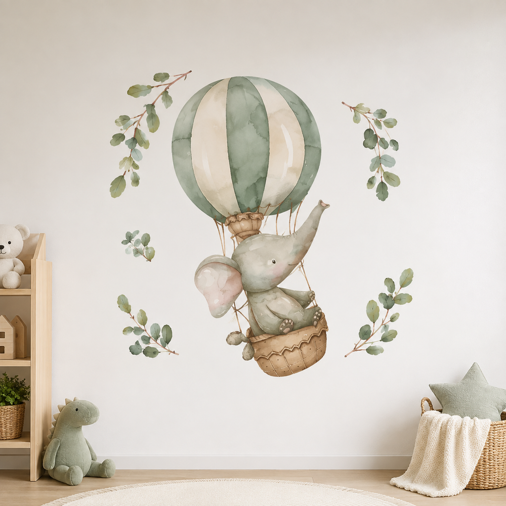 Sticker Enfant Éléphant En Montgolfière Style Aquarelle