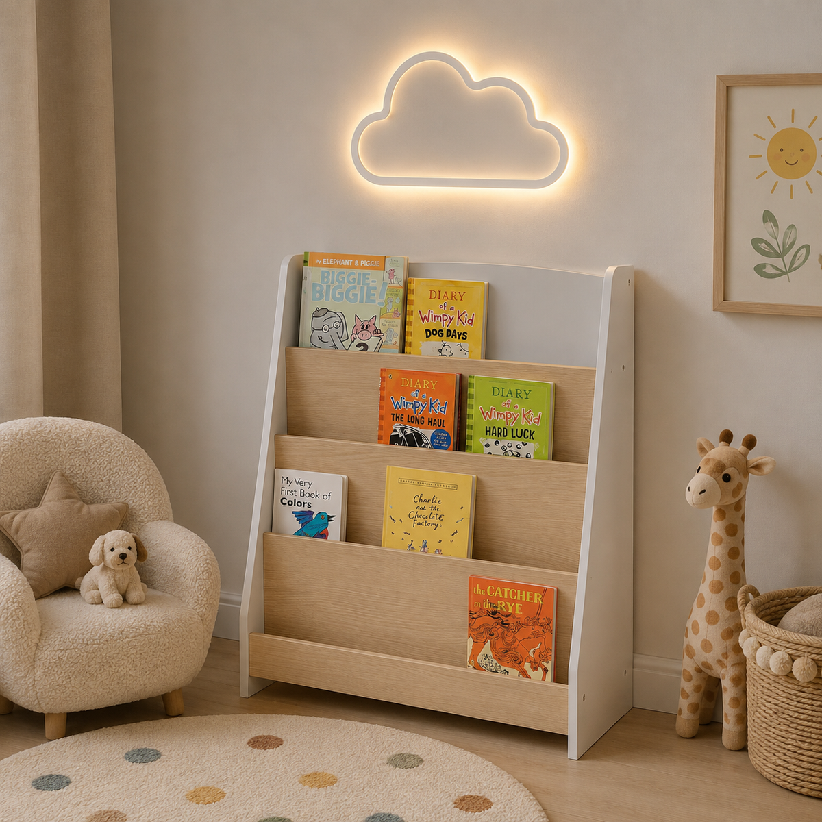 Bibliothèque Frontale Pour Enfants MDF Blanc Et Bois Naturel