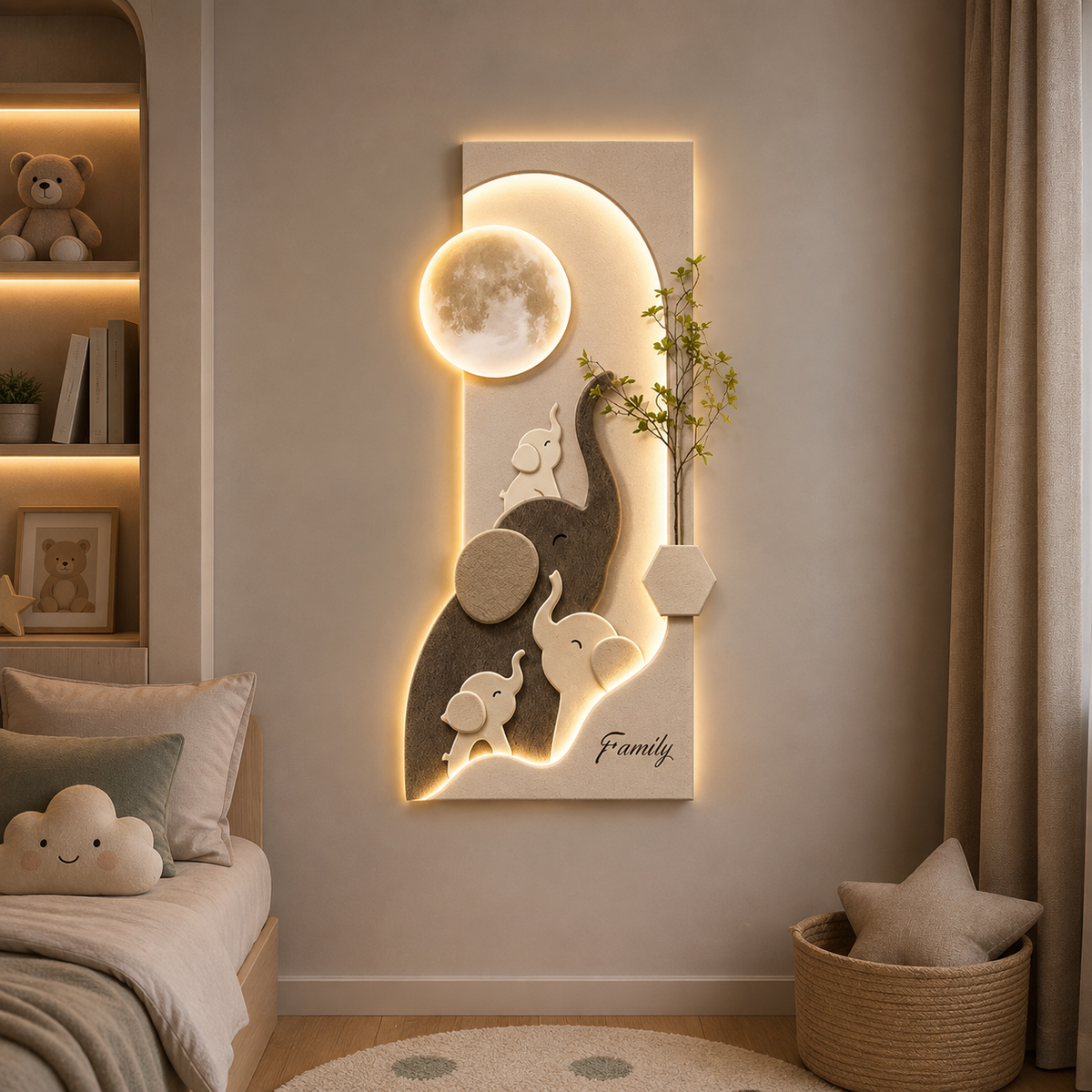 Applique murale LED éléphants et lune en plexiglas avec télécommande