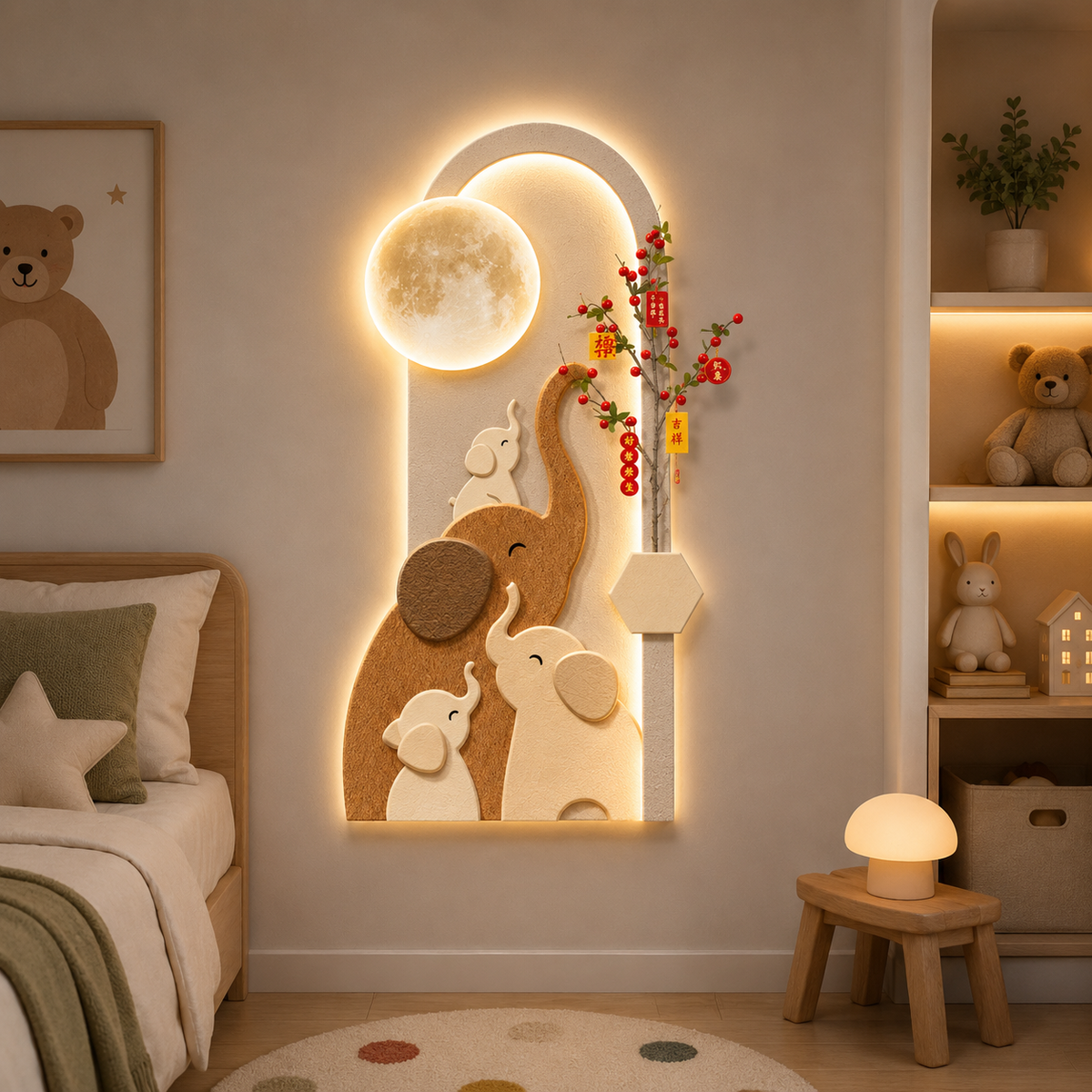 Applique murale LED éléphants et lune en plexiglas avec télécommande