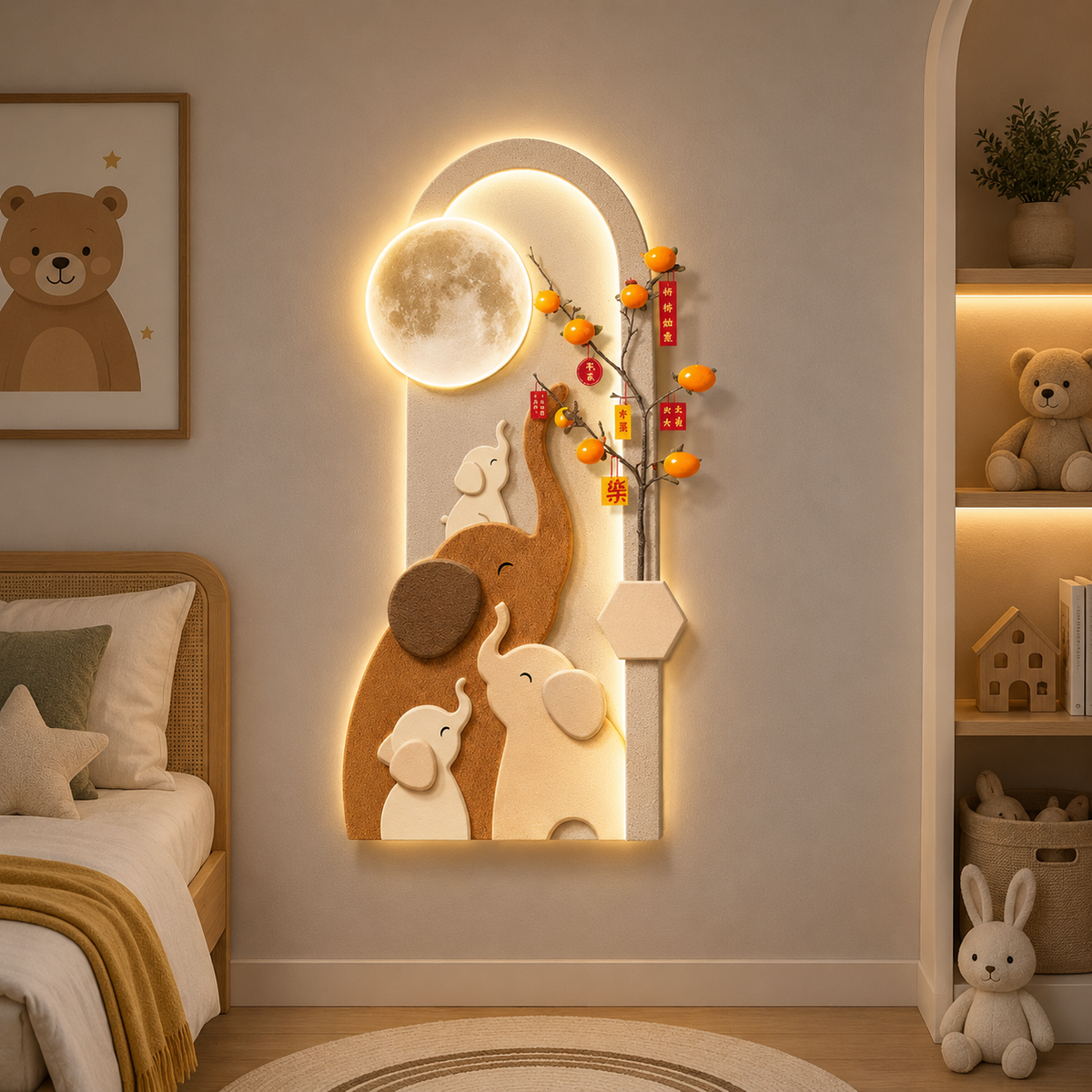 Applique murale LED éléphants et lune en plexiglas avec télécommande
