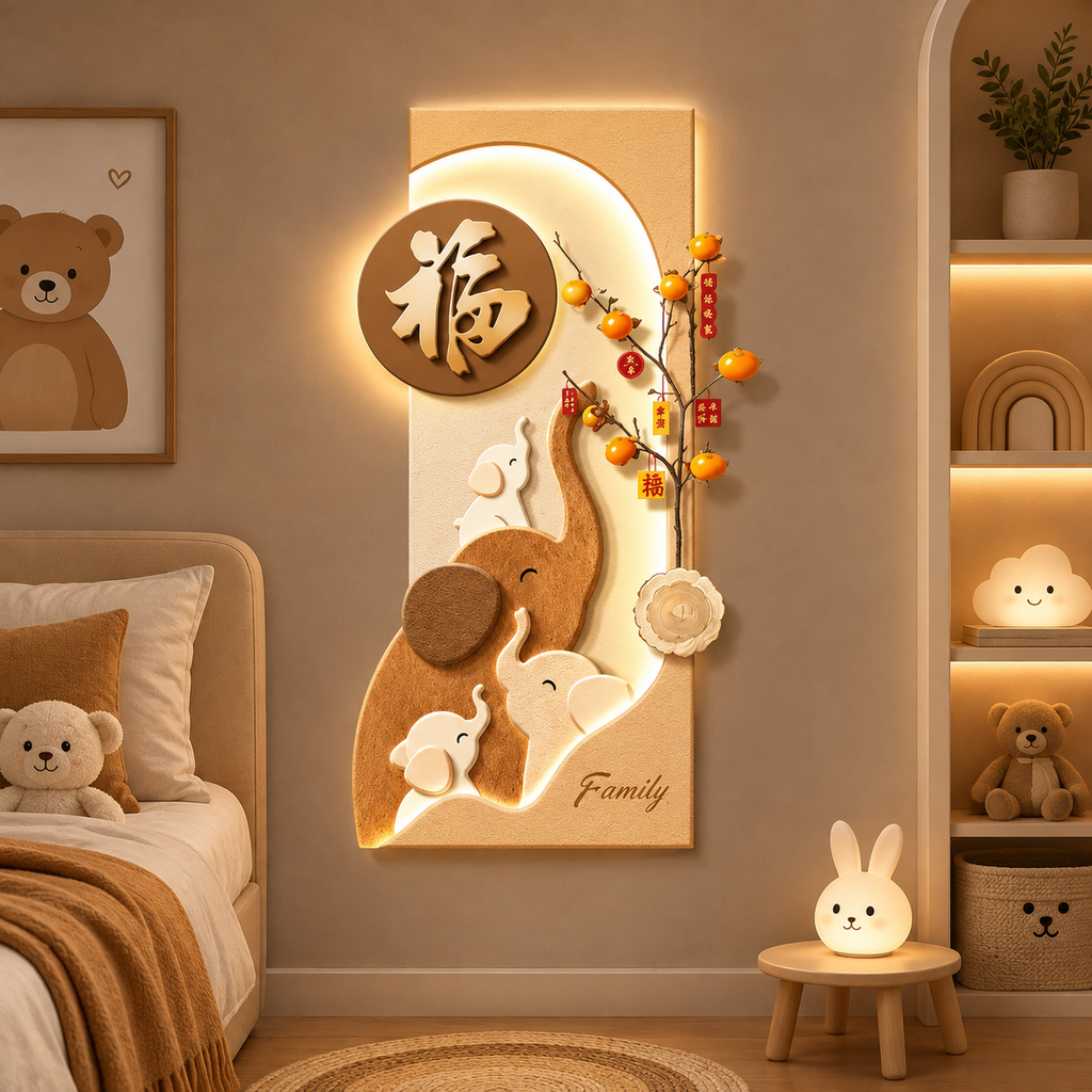 Applique murale LED éléphants et lune en plexiglas avec télécommande