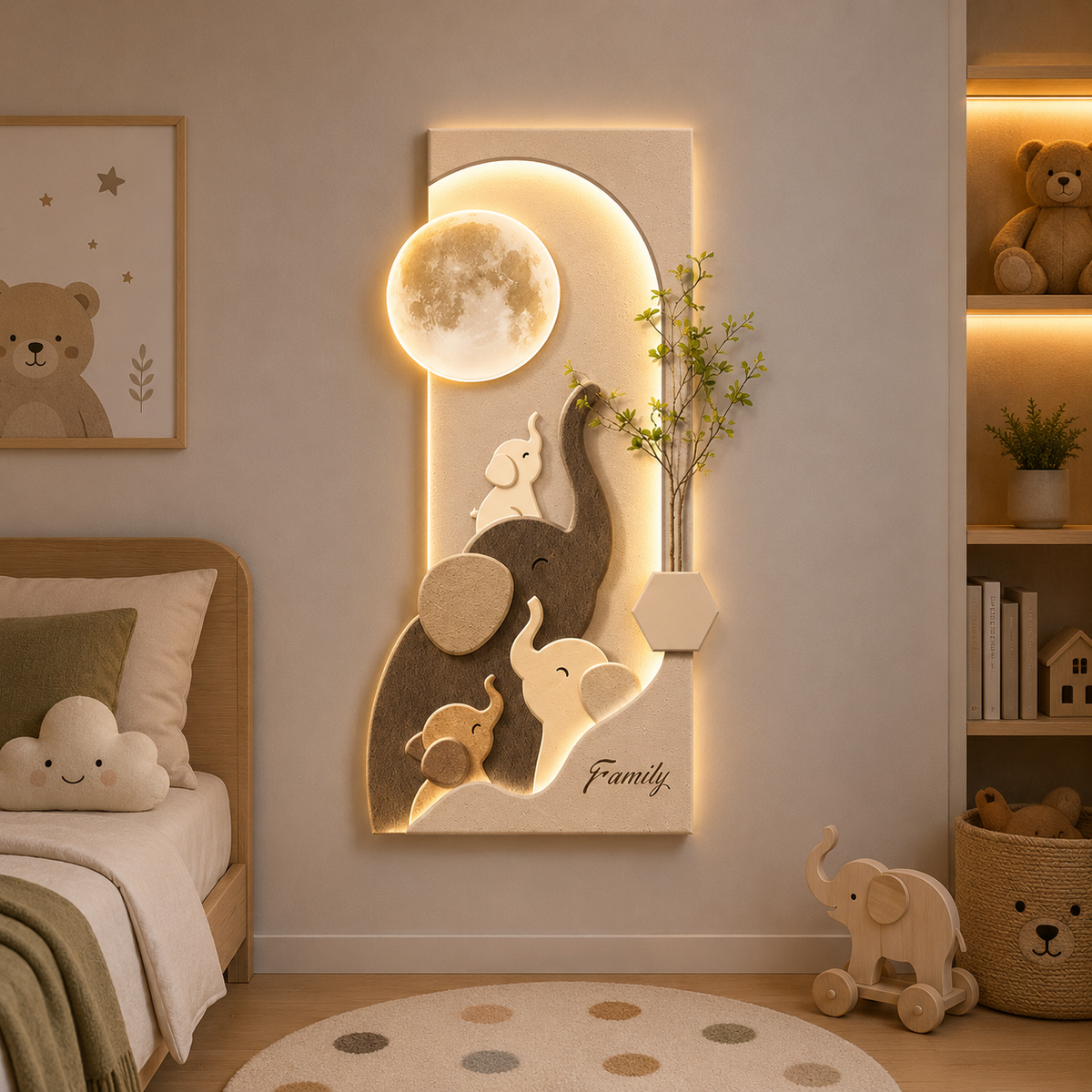 Applique murale LED éléphants et lune en plexiglas avec télécommande