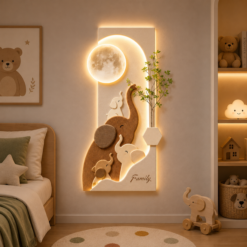 Applique murale LED éléphants et lune en plexiglas avec télécommande