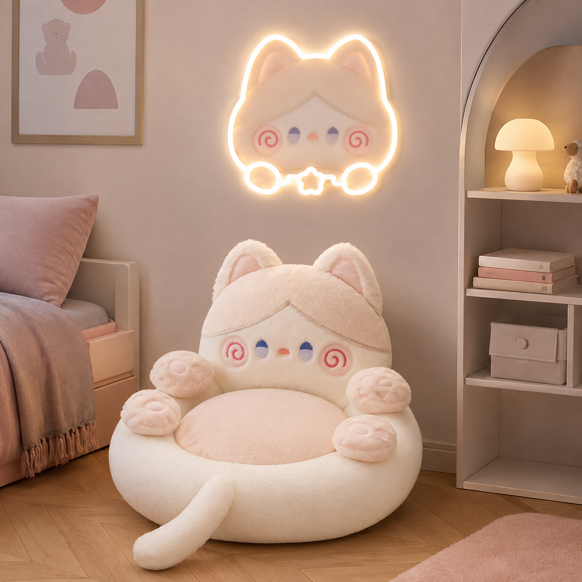 Coussin de sol Tatami Chat avec dossier intégré en fausse fourrure