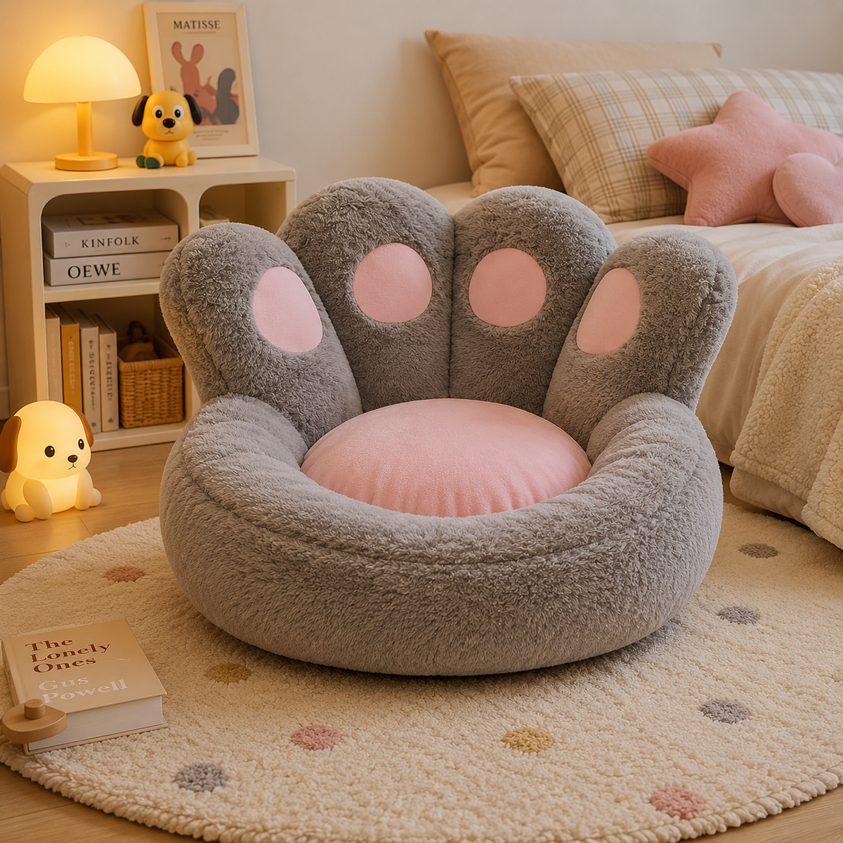 Coussin de sol rose en peluche forme patte de chat