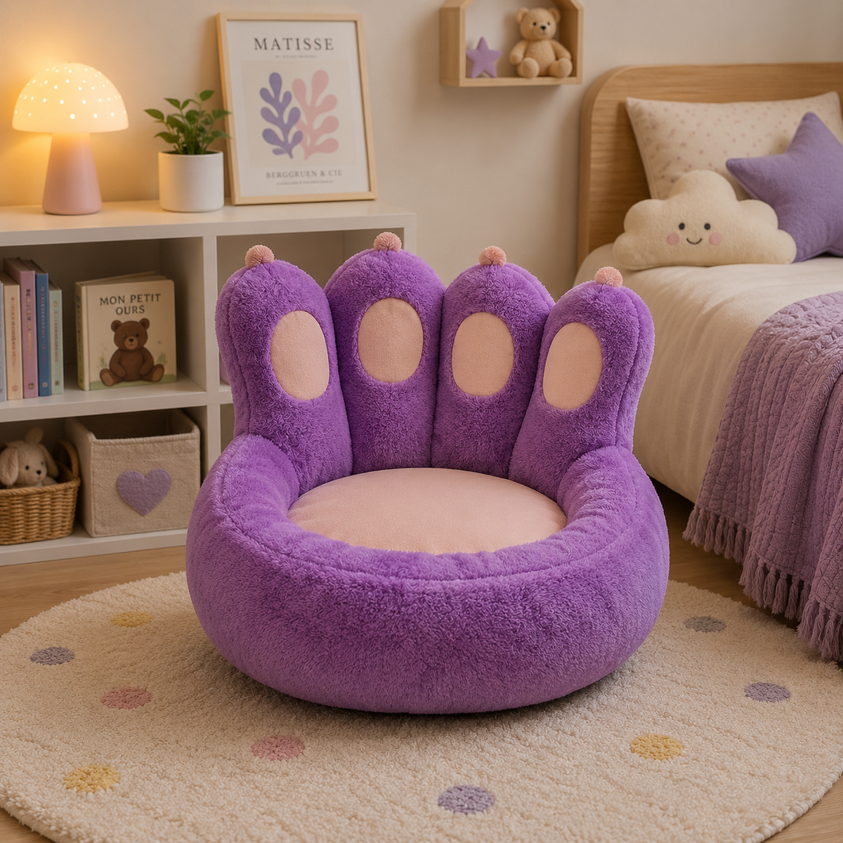 Coussin de sol rose en peluche forme patte de chat