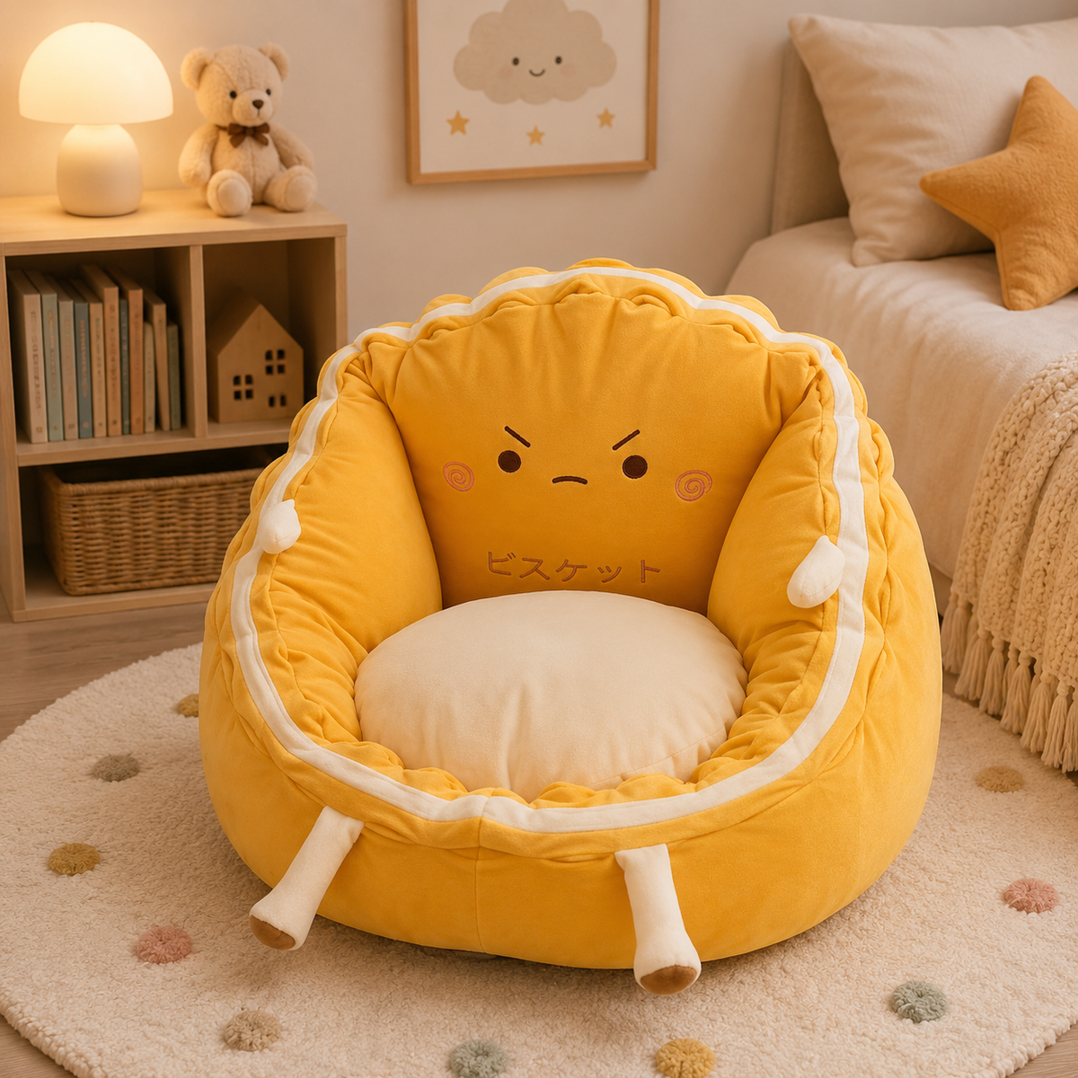 Fauteuil de sol animal jaune en fibres synthétiques avec dossier amovible