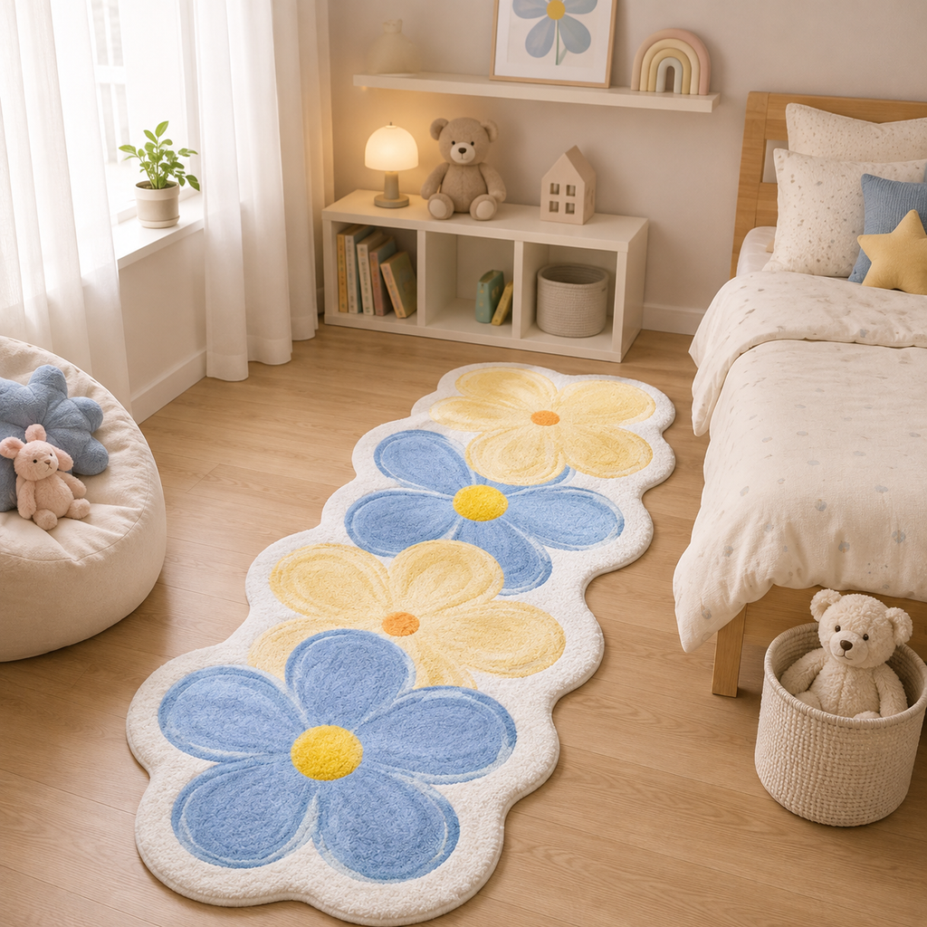 Descente de lit florale ondulée antidérapante bleu et jaune