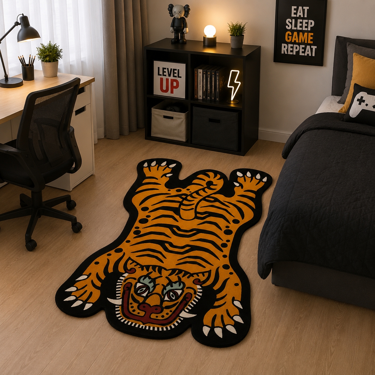 Tapis Tigre Dessin Animé en Velours de Cristal pour Salon et Chambre