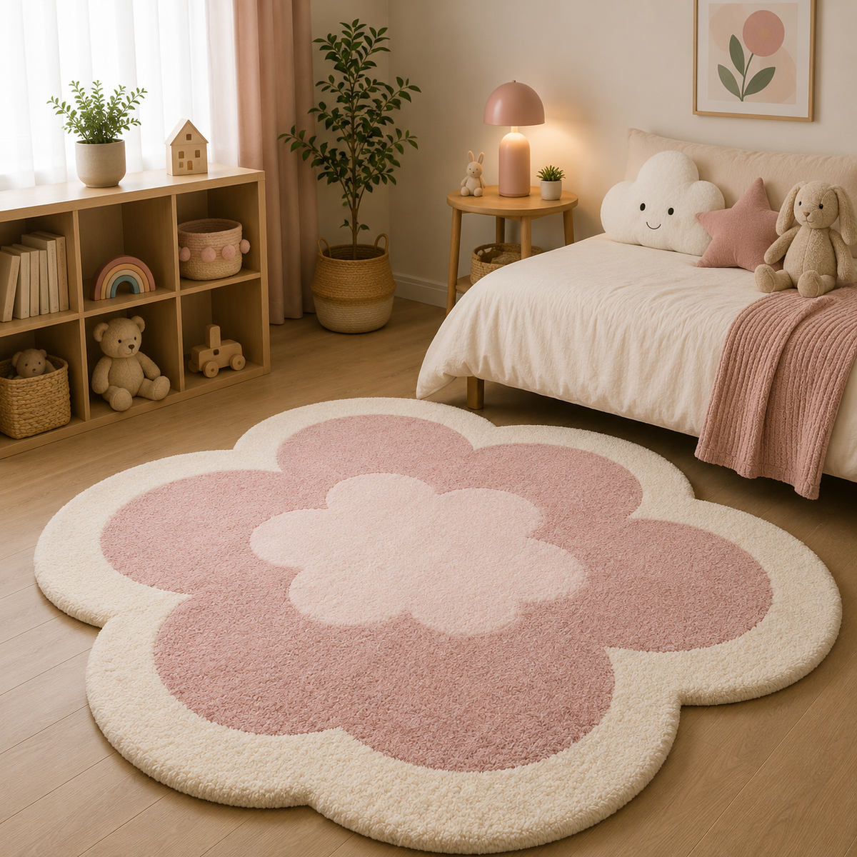Tapis Fleur Forme Rose Et Crème