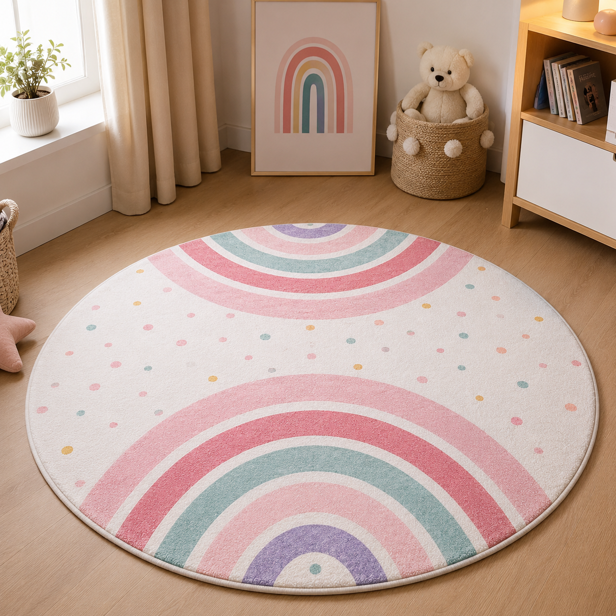 TAPIS DE CHAMBRE ENFANTS Flanelle Rond Arc-En-Ciel