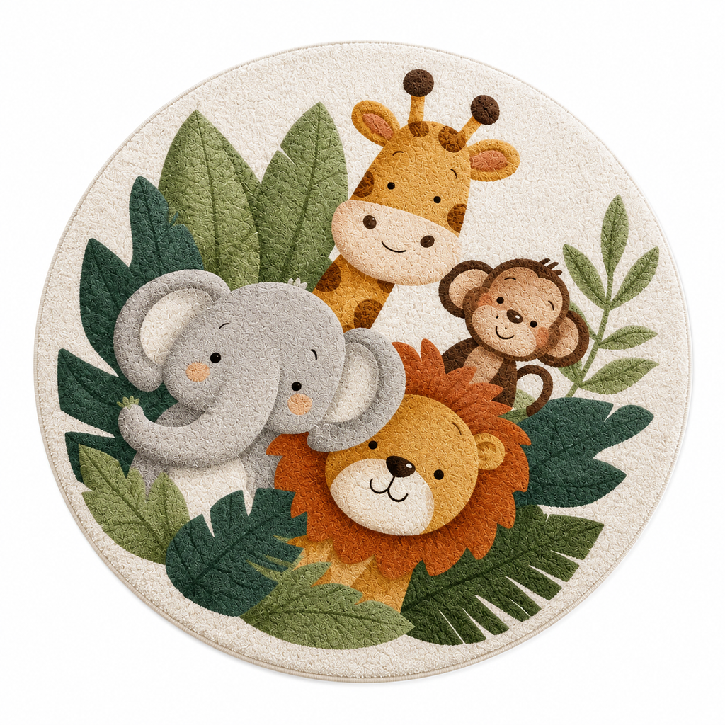 Tapis De Chambre D'Enfant Rond Animaux De La Jungle