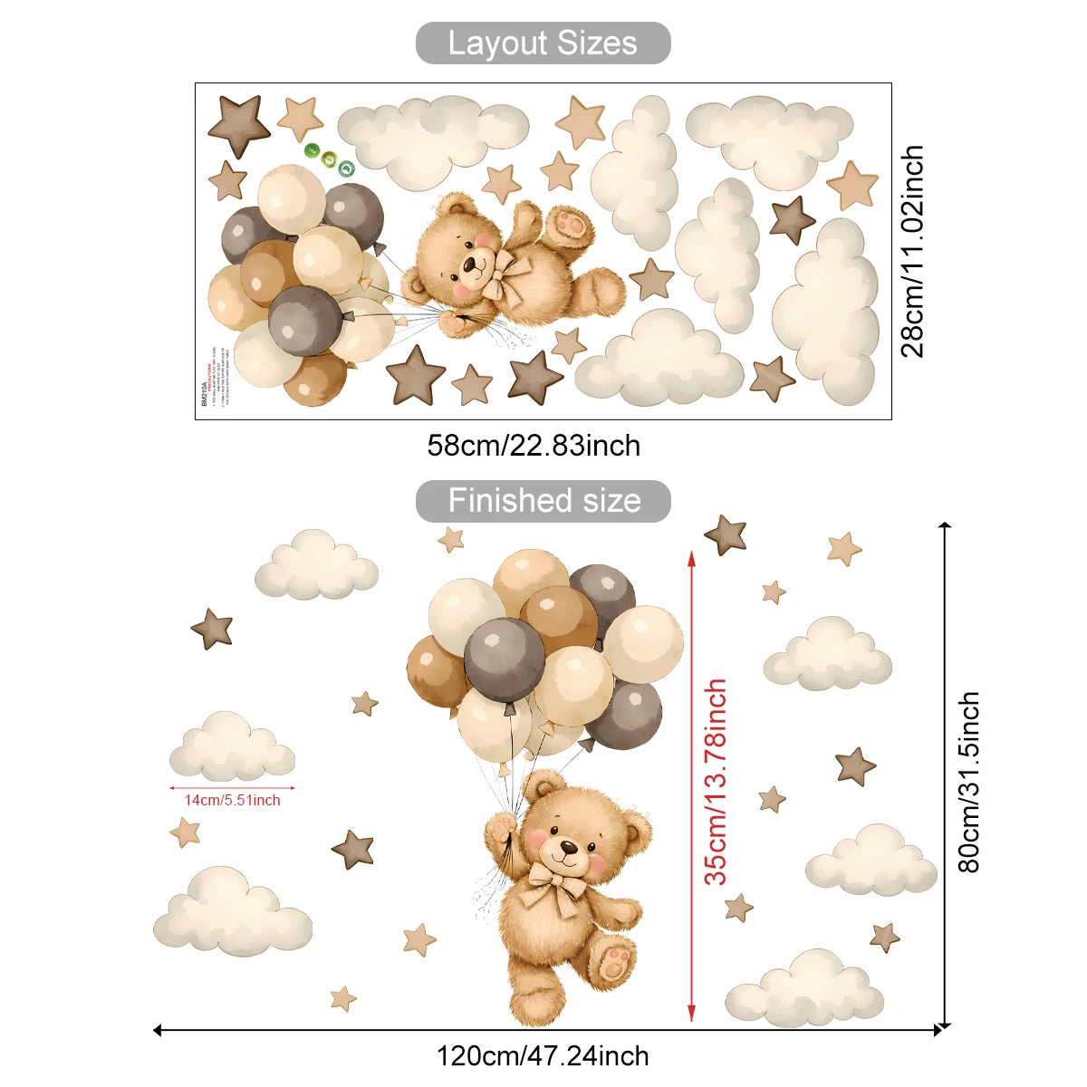 STICKER ENFANT PVC Ours Avec Ballons Nuages Et Étoiles